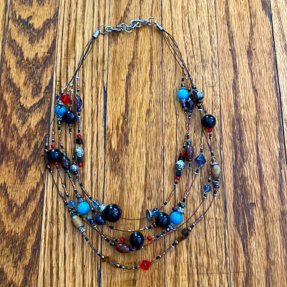 Multicolor beaded 5 strand tiered necklace